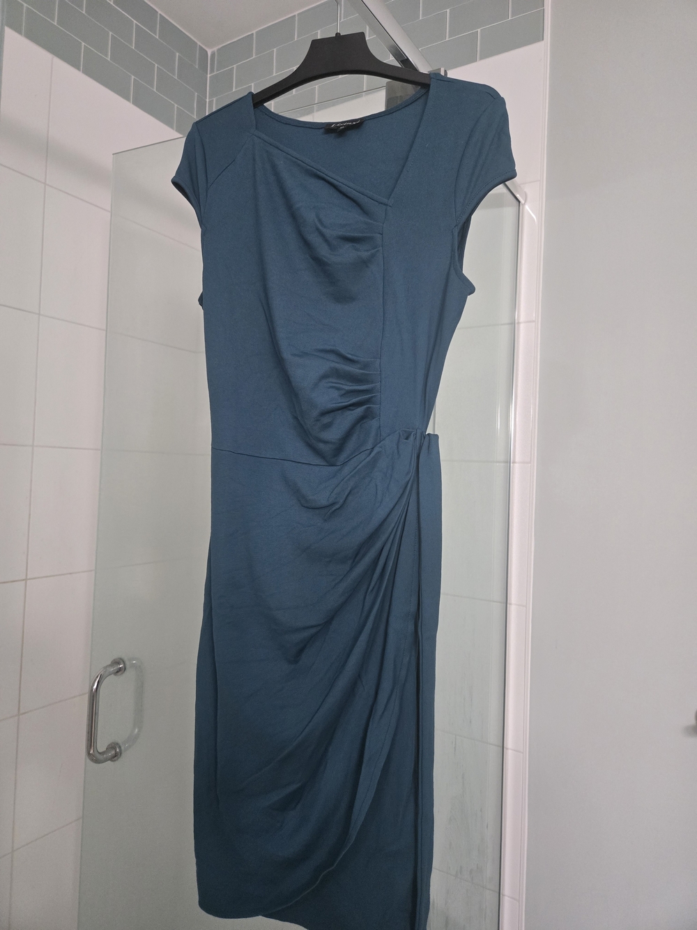 Asymmetrical Teal Ruched Side-Drape Dress - Womens
